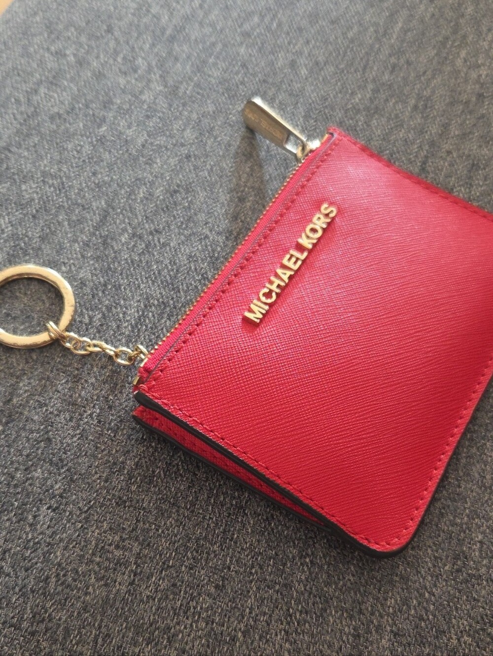 Michael Kors Red Zip Card Case Keychain with Gold Hardware